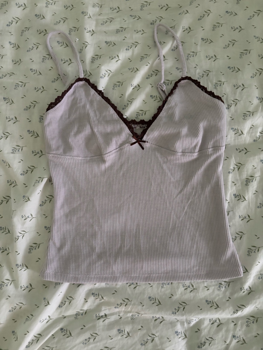 Women’s Polka Dot & Ribbed Lace Trim Cami - Brown and Light Pink - Picture 3 of 3